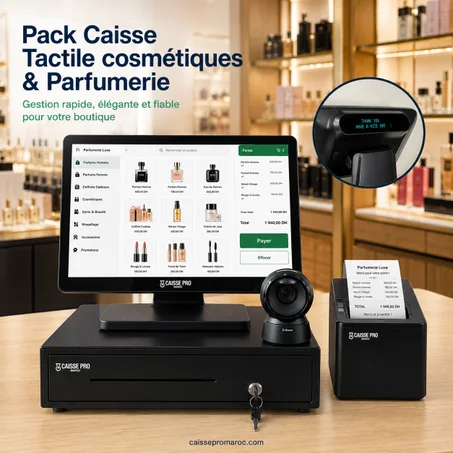 Pack Caisse Enregistreuse Tactile Cosmétiques & Parfumerie – Caisse avec Écran Tactile + Scanner + Afficheur Client Intégré + Tiroir-Caisse + Imprimante Reçu