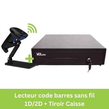 Lecteur code barres sans fil 1D/2D + Tiroir Caisse