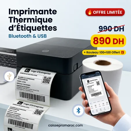 Imprimante d’Étiquettes Thermique Haute Performance – Bluetooth & USB (+ Rouleau 100x100 Offert)