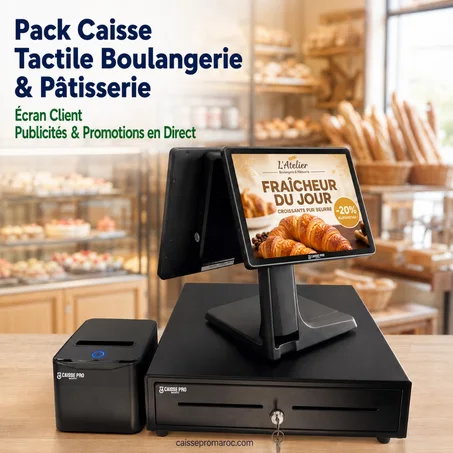 Pack Caisse Enregistreuse Tactile Double Écran Boulangerie & Pâtisserie – Caisse avec 2ème Écran Client Publicitaire + Tiroir-Caisse + Imprimante Reçu