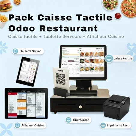 PACK CAISSE ENREGISTREUSE TACTILE ODOO POUR RESTAURANT + TABLETTE SERVEURS ET AFFICHEUR CUISINE