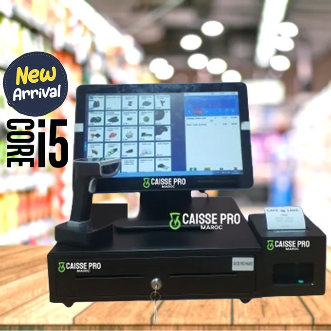 CAISSE ENREGISTREUSE TACTILE I5 + LECTEUR CODE BARRE MINI MARKET MAGASIN  PARAPHARMACIE COSMETIQUE PARFUMERIE