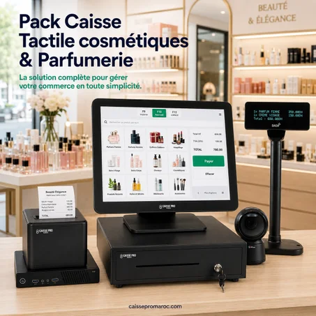 Pack Caisse Enregistreuse Tactile Cosmétiques & Parfumerie – Caisse avec Écran Tactile + Scanner + Afficheur Client sur Pied + Tiroir-Caisse + Imprimante Reçu