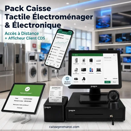 Pack Caisse Enregistreuse Tactile + Afficheur Client CDS pour Électroménager & Électronique – Solution Point de Vente Complète au Maroc