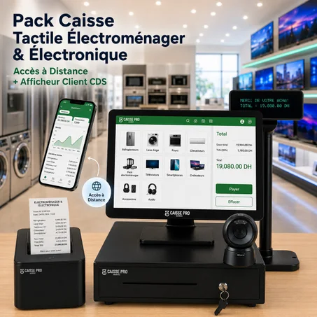 Pack Caisse Enregistreuse Tactile Android Électroménager & Électronique – Caisse avec Écran Tactile + Scanner + Afficheur Client sur Pied + Accès à Distance + Tiroir-Caisse + Imprimante Reçu