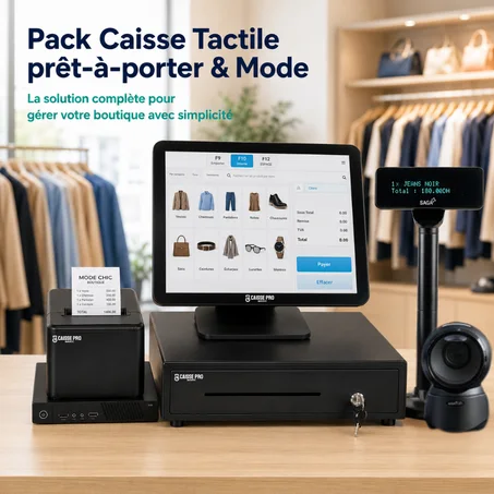 Pack Caisse Enregistreuse Tactile Prêt-à-Porter & Mode – Caisse avec Écran Tactile + Scanner + Afficheur Client sur Pied + Tiroir-Caisse + Imprimante Reçu