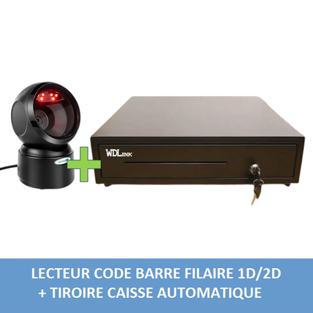 Lecteur code barre Filaire 1D/2D + Tiroir Caisse