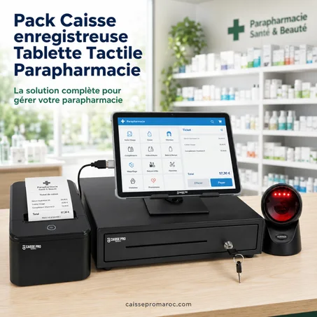 Pack Tablette Caisse Enregistreuse Tactile Parapharmacie – Caisse Tablette Tactile avec Support + Scanner Sans Fil + Tiroir-Caisse + Imprimante Reçu