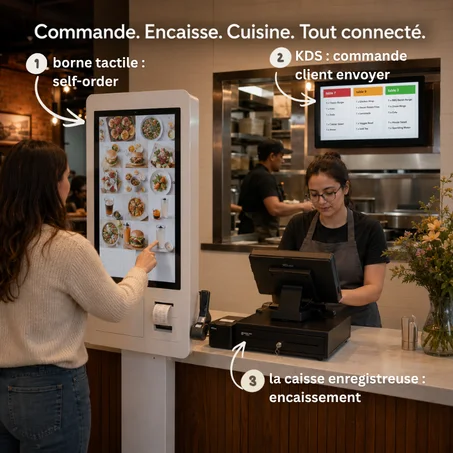 Pack Complet Caisse Tactile Restaurant & Fast Food Borne self-order + Caisse enregistreuse + Afficheur cuisine KDS — Tout connecté.