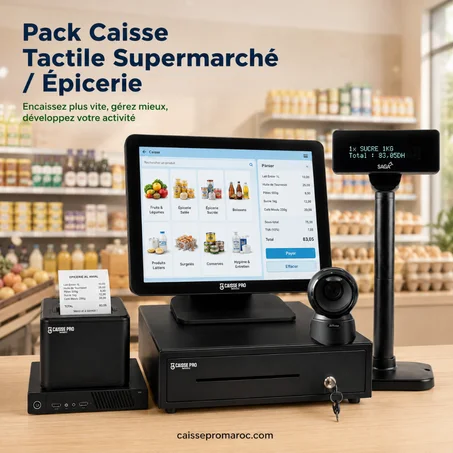 Pack Caisse Enregistreuse Tactile Supermarché / Épicerie – Caisse Tactile + Scanner + Afficheur Client séparée + Tiroir-Caisse + Imprimante Reçu