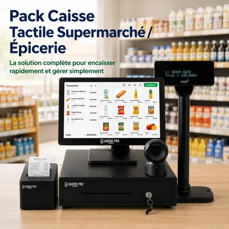 Pack Caisse Enregistreuse Tactile Supermarché / Épicerie – Caisse Tactile + Lecteur Code à barre + Afficheur Client + Tiroir-Caisse + Imprimante Reçu