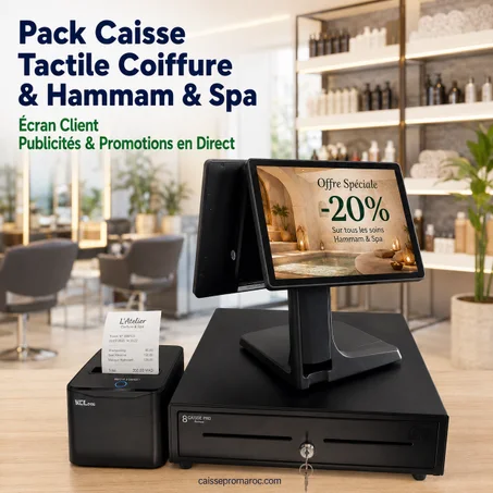 Pack Caisse Enregistreuse Tactile Double Écran Coiffure & Hammam & Spa – Caisse avec 2ème Écran Client Publicitaire + Tiroir-Caisse + Imprimante Reçu