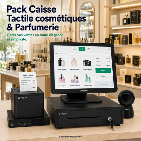 Pack Caisse Enregistreuse Tactile Cosmétiques & Parfumerie – Caisse avec Écran Tactile + Scanner + Tiroir-Caisse + Imprimante Reçu