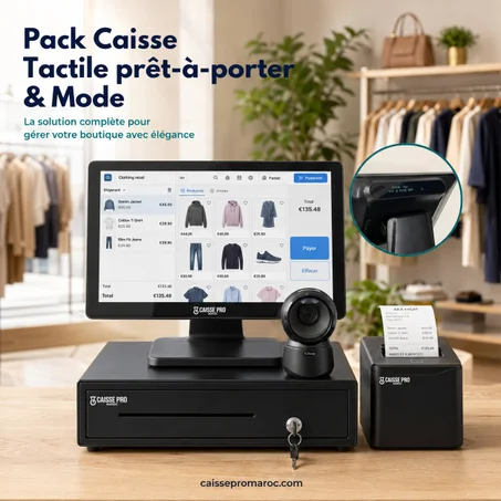 Pack Caisse Enregistreuse Tactile Prêt-à-Porter & Mode – Caisse avec Écran Tactile + Scanner + Afficheur Client Intégré + Tiroir-Caisse + Imprimante Reçu