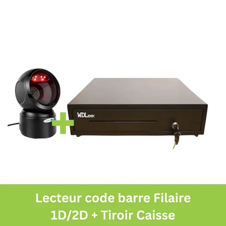 Lecteur code barre Filaire 1D/2D + Tiroir Caisse