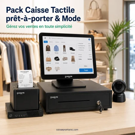 Pack Caisse Enregistreuse Tactile Prêt-à-Porter & Mode – Caisse avec Écran Tactile + Scanner + Tiroir-Caisse + Imprimante Reçu