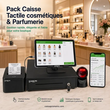 Pack Tablette Caisse Enregistreuse Tactile Cosmétiques & Parfumerie – Caisse Tablette Tactile avec Support + Scanner Sans Fil + Tiroir-Caisse + Imprimante Reçu