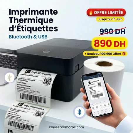 Imprimante d’Étiquettes Thermique Haute Performance – Bluetooth & USB (+ Rouleau 100x100 Offert)