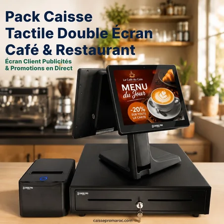 Pack Caisse Enregistreuse Tactile Double Écran Café & Restaurant – Caisse avec 2ème  Écran Client Publicitaire + Tiroir-Caisse + Imprimante recu