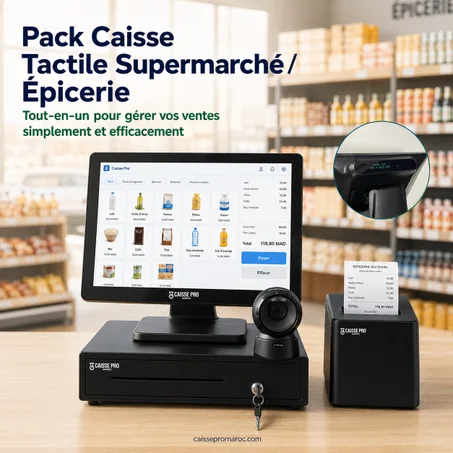 Pack Caisse Enregistreuse Tactile Supermarché / Épicerie – Caisse avec Écran Tactile + Scanner + Afficheur Client Intégré + Tiroir-Caisse + Imprimante Reçu
