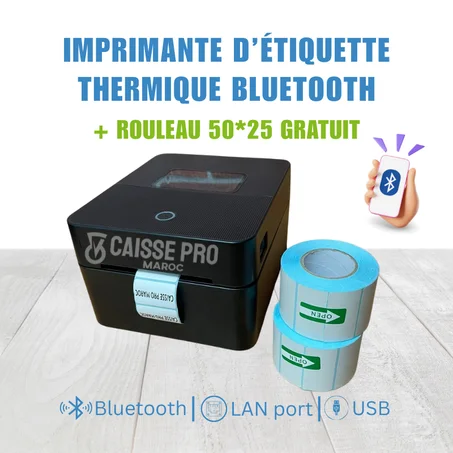Imprimante d’Étiquettes Thermique Haute Performance – Bluetooth, LAN & USB (+ 2 Rouleaux 50x25 Offert)
