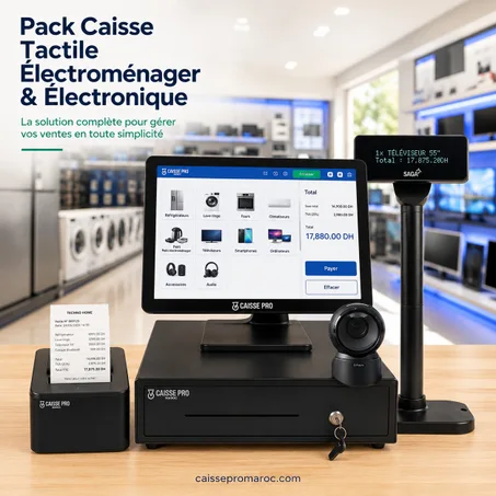Pack Caisse Enregistreuse Tactile Électroménager & Électronique – Caisse avec Écran Tactile + Scanner + Afficheur Client sur Pied + Tiroir-Caisse + Imprimante Reçu