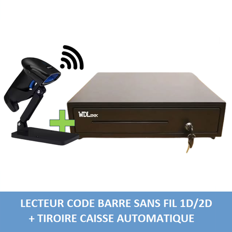 Lecteur code barres sans fil 1D/2D + Tiroir Caisse