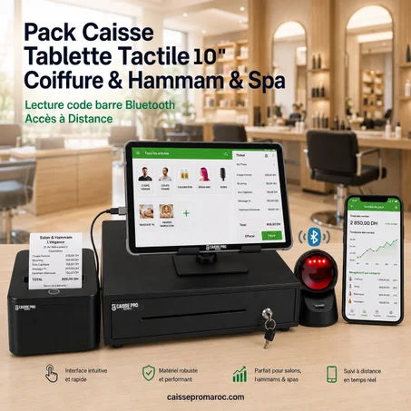 Pack Tablette Caisse Enregistreuse Tactile 10" Coiffure & Hammam & Spa – Caisse Tablette Tactile 10 Pouces avec Support + Scanner Bluetooth + Tiroir-Caisse + Imprimante Reçu