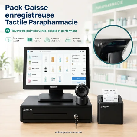 Pack Caisse Enregistreuse Tactile Parapharmacie – Caisse avec Écran Tactile + Scanner + Afficheur Client Intégré + Tiroir-Caisse + Imprimante Reçu