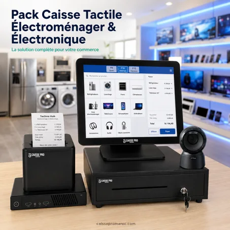 Pack Caisse Enregistreuse Tactile Électroménager & Électronique – Caisse avec Écran Tactile + Scanner + Tiroir-Caisse + Imprimante Reçu