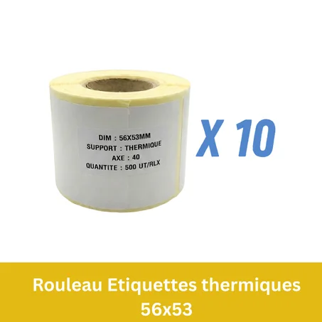 10 Rouleaux de 500 Étiquettes Thermiques Autocollantes 56 × 53 mm