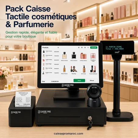 Pack Caisse Enregistreuse Tactile Cosmétiques & Parfumerie – Caisse avec Écran Tactile + Scanner + Afficheur Client Séparée + Tiroir-Caisse + Imprimante Reçu