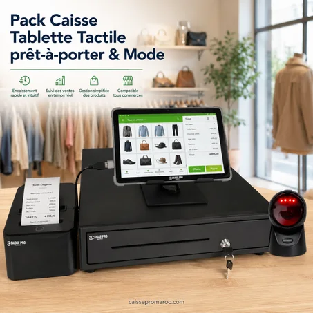 Pack Tablette Caisse Enregistreuse Tactile Prêt-à-Porter & Mode – Caisse Tablette Tactile avec Support + Scanner + Tiroir-Caisse + Imprimante Reçu