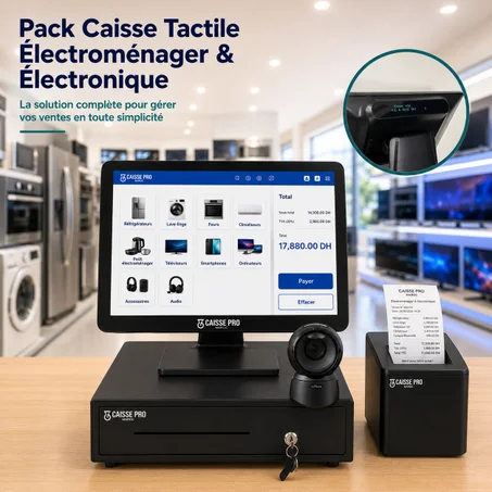 Pack Caisse Enregistreuse Tactile Électroménager & Électronique – Caisse avec Écran Tactile + Scanner + Afficheur Client Intégré + Tiroir-Caisse + Imprimante Reçu