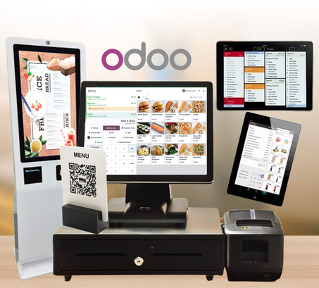 PACK CAISSE ENREGISTREUSE TACTILE ODOO POUR RESTAURANT + BORNE TACTILE + TABLETTE SERVEURS + AFFICHEUR CUISINE