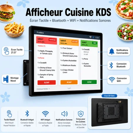 Afficheur Cuisine KDS 21.5" – Écran Tactile, WiFi & Bluetooth pour Restaurant / disponible Windows et Android