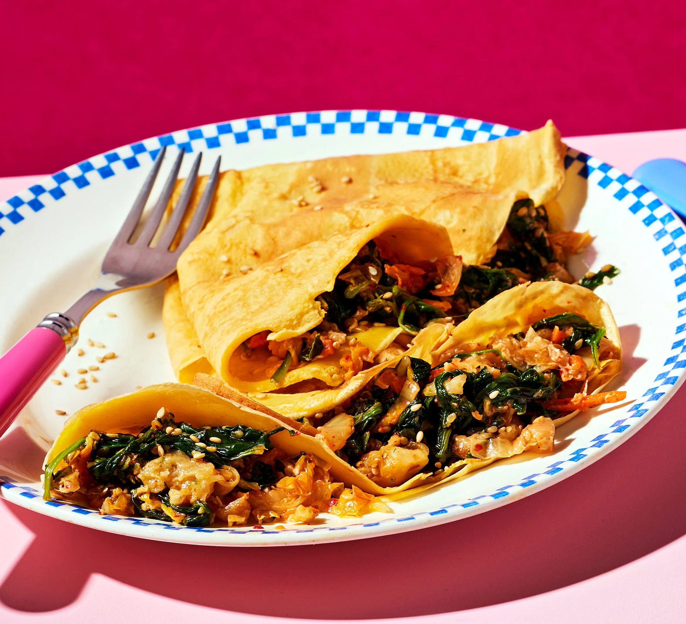 Kimchi & sesame spinach with mature cheddar crêpes