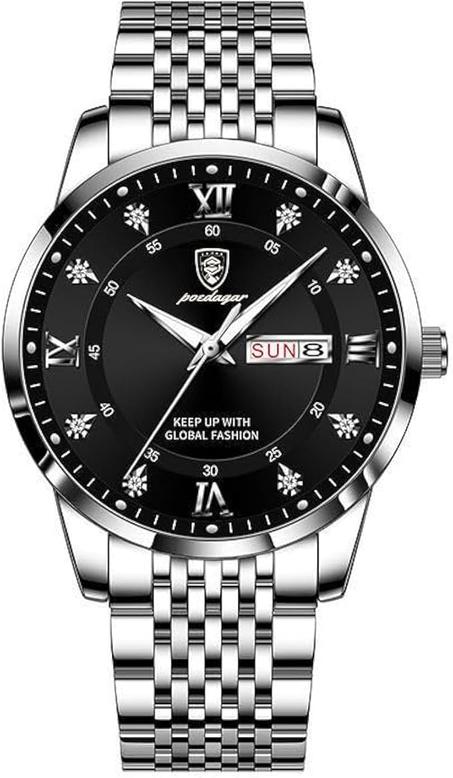 ساعة انالوج ستانلس ستيل بنظام حركة كوارتز مقاومة للماء ومضيئة بأرقام رومانية كبيرة فاخرة وأنيقة