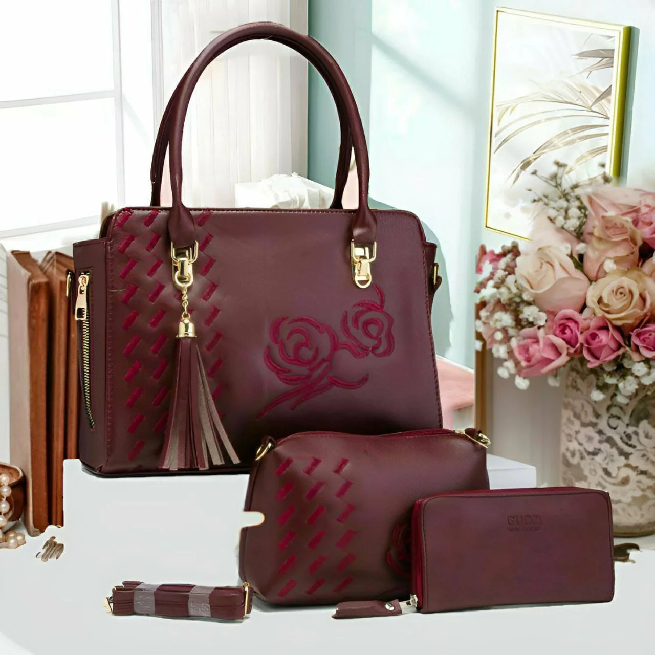 حقيبة يد نسائية جلدية فاخرة عالية الجودة من 3 قطع