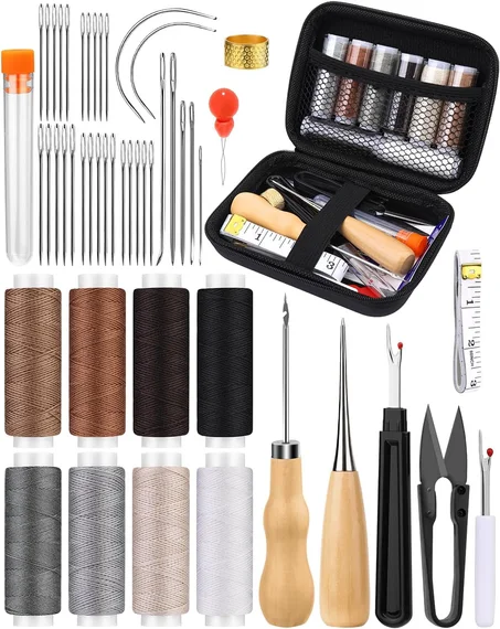 BAGERLA Kit de reparación de tapicería, kit de costura resistente de 50 piezas con hilo de 8 colores, 32 agujas de tapicería, punzones de costura para coser a mano, automóvil, sofá, zapatos, 