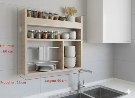 رف جداري خشبي متعدد الرفوف للمطبخ والحمام