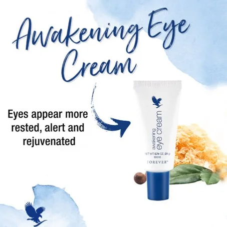كريم العين المذهل من Forever! ✨ ودّع الهالات السوداء والتجاعيد وانتفاخات تحت العين 👁️ مع Awakening Eye Cream من Forever، رح تلاحظ فرق واضح من أول استخدام
