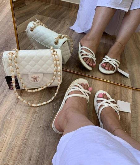 طقم صيفي أنيق - شنطة + صندالة بيضاء فخمة