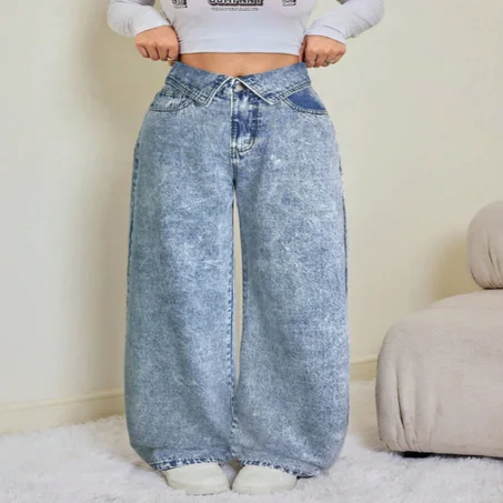 سراويل جينز نسائية فضفاضة ذات خصر قابل للطي وساق واسعة | Style Wasi3 👖✨