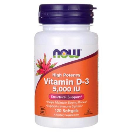 Vitamine D3, NOW Foods, Haute efficacité, 5000 UI, 120 capsules à enveloppe molle