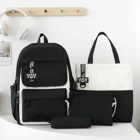Sac à Dos Multifonctionnel Kawaii Grand Volume Imperméable et Résistant 4Pcs Noir