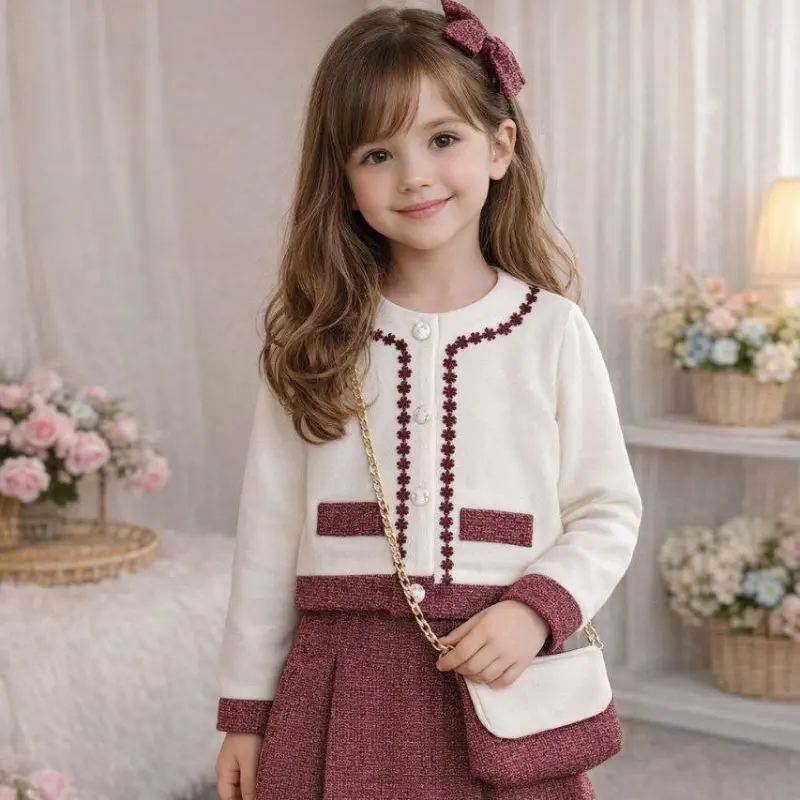 طقم بناتي أنيق من 3 قطع – سترة، تنورة، وتيشيرت