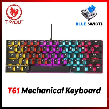 Twolf لوحة مفاتيح ألعاب ميكانيكية T61 بنسبة 60% - 63 مفتاحًا - إضاءة خلفية RGB - مفاتيح Blue مقاومة للظلال مع اتصال USB سلكي