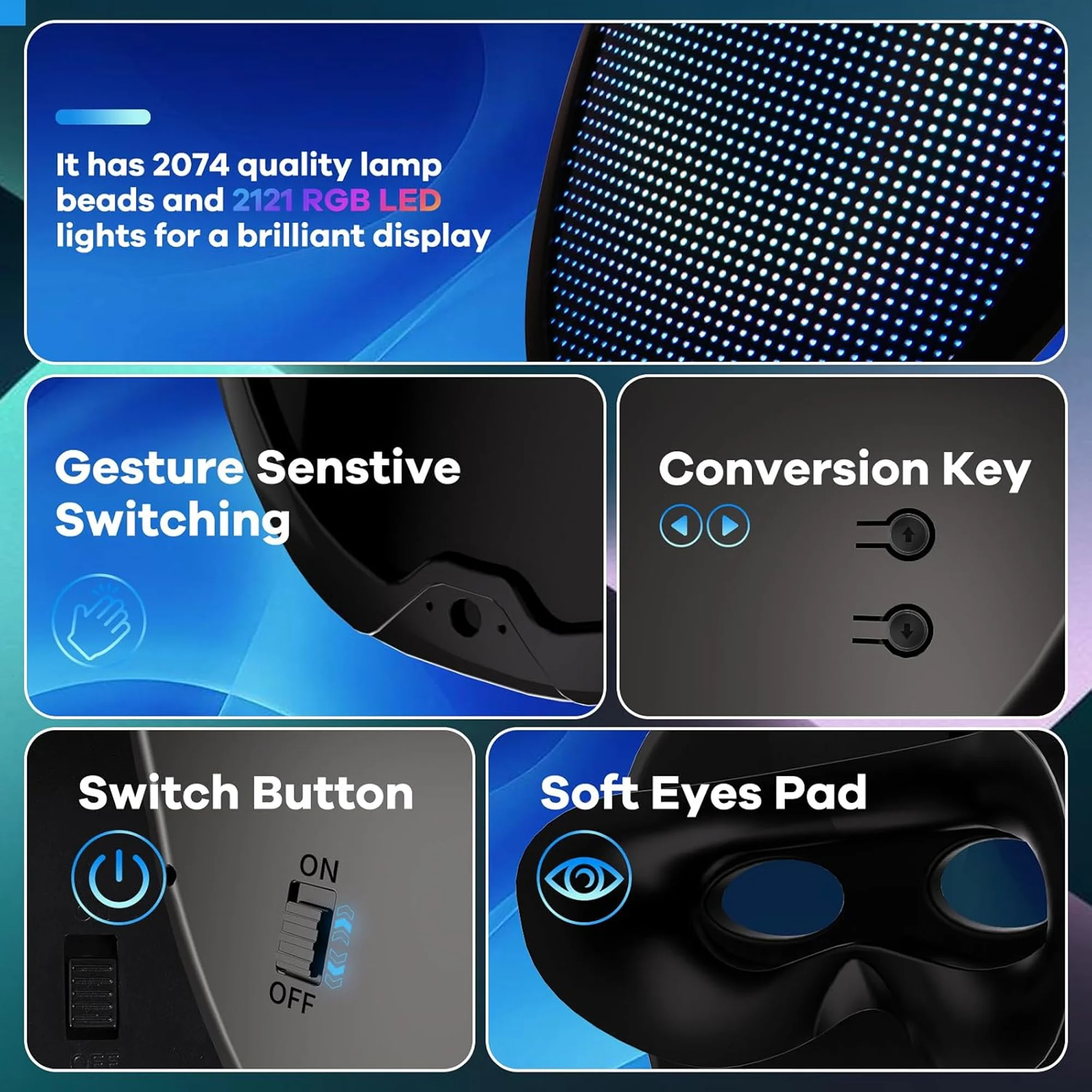 قناع وجه LED قابل لإعادة الشحن وبرمجته بتقنية البلوتوث