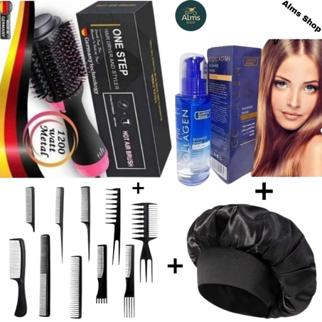 ensemble de One Step Brosse Soufflante + 10 peigne multifonction + serum collagen + bonnet de cheveux multicolors